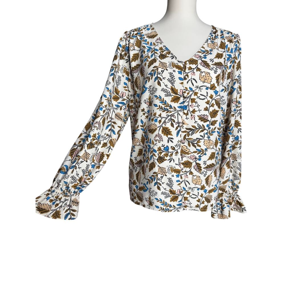 LOFT Ivory Botanical Floral Button Front Ruffle Cuff Boho Blouse Top Size Large - Picture 3 of 11
